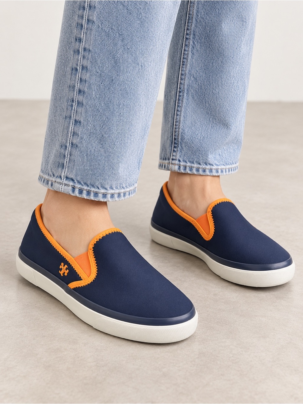 Tory Burch Navy Slip-On Sneakers with Orange Trim